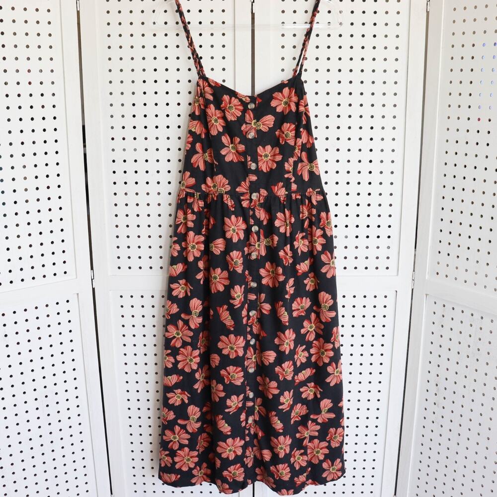 Dip Black Floral‎ Linen Blend Midi Dress Button Detail Womens SIZE L